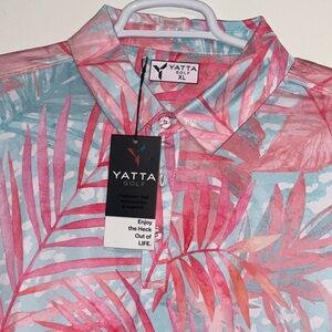 YATTA GOLF SUMMER’S CARVAS PINK BLUE PALM LEAVES POLO SHIRT SIZE XL NWT